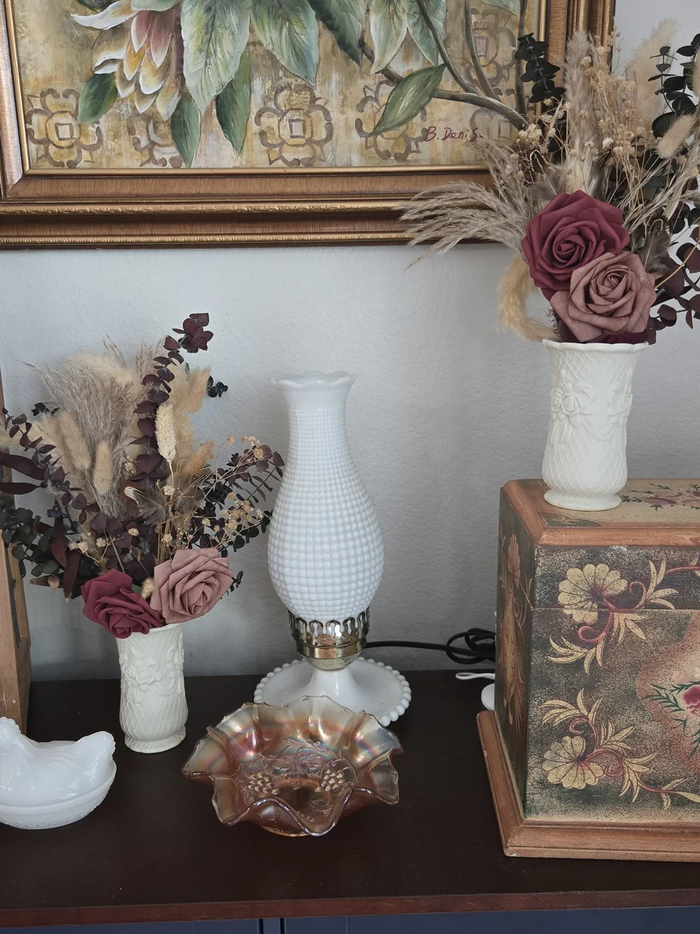 Pair of Vintage Porcelain Bisque Rose & Lattice Vases